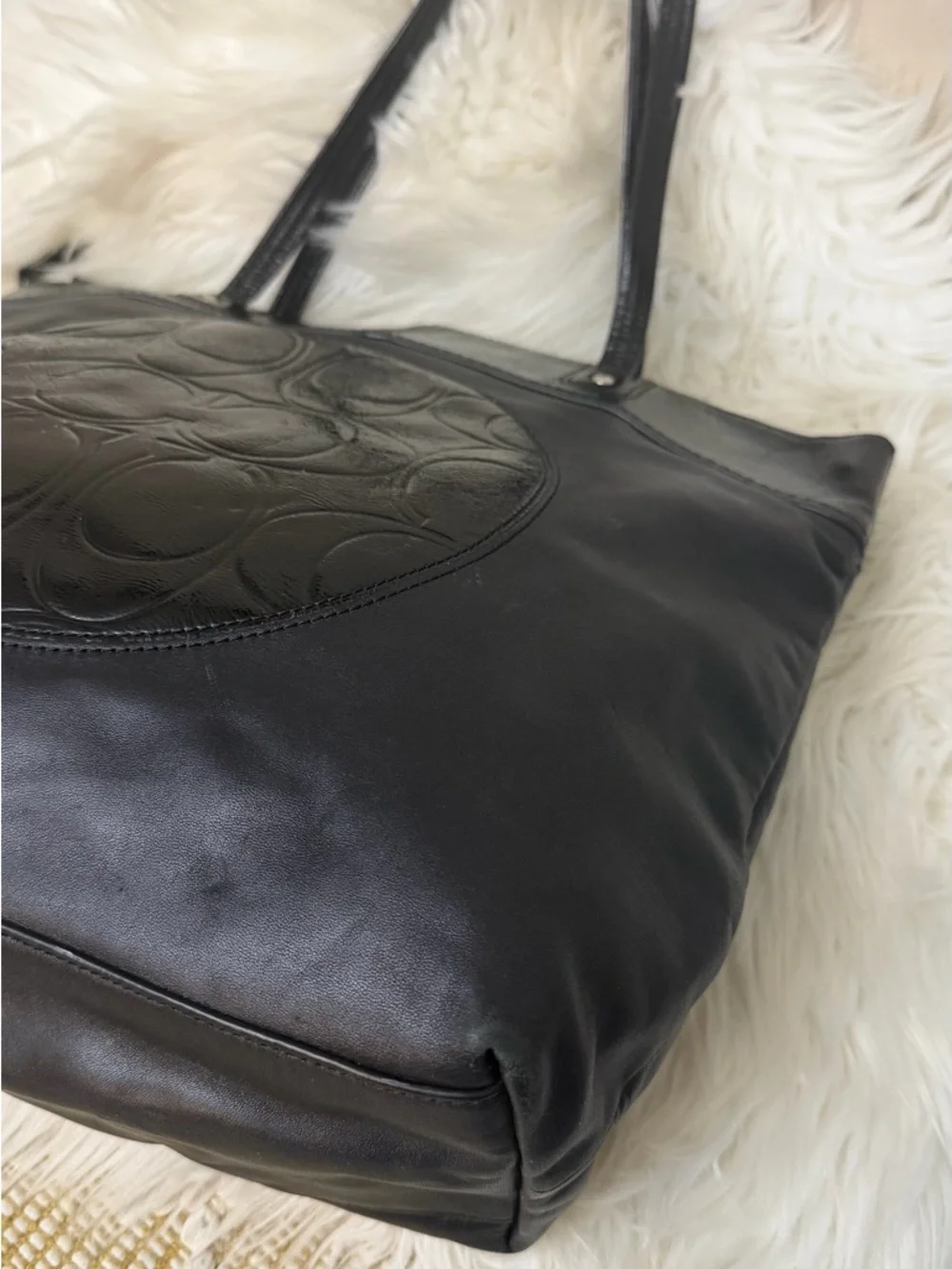 Coach Black Leather Tote with Embossed Signature Circle